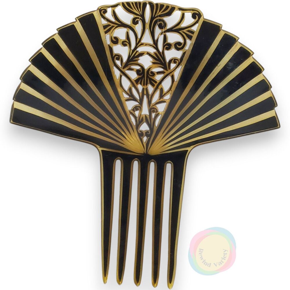 Antique Art Deco Mantilla Hair Comb Lrg 7" Black Gold Spanish Peineta Celluloid